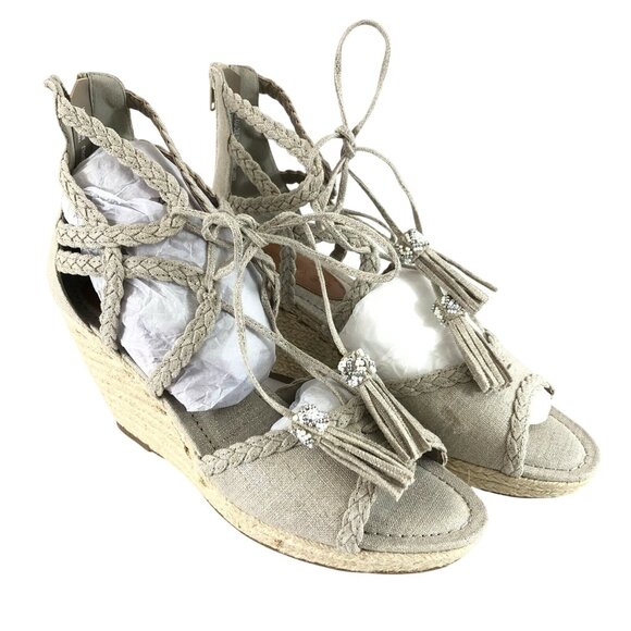 Rampage Womens Wedge Sandals Open Toe Lace Up Canvas Fringe Beige Size 10 - Picture 1 of 7